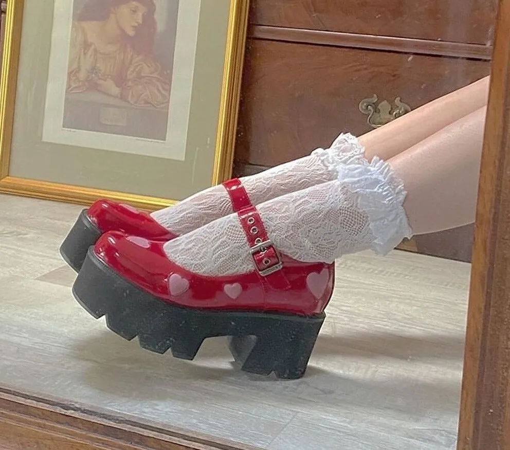 Amozae- Girls Autumn School Shoes Woman Fashion Marry Jane Pumps Women Round Toe Platform Chunky High Heel Shoes Woman Heart-shaped