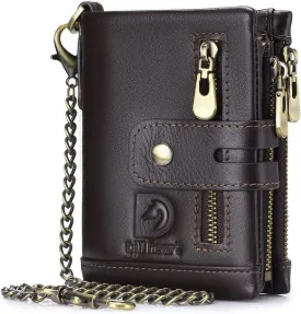 bill heart Mens Wallet with Chain Genuine Leather Purse RFID Blocking Bifold Double Zipper Coin Pocket with Anti-Theft Chain??