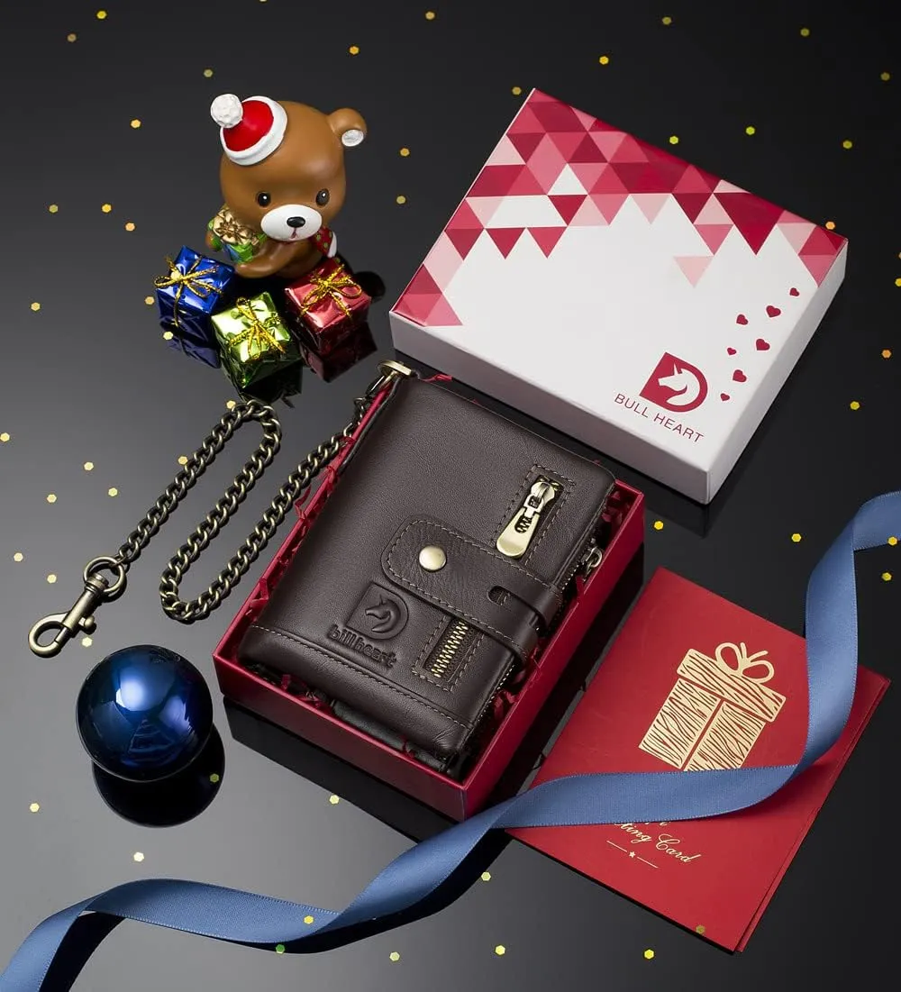 bill heart Mens Wallet with Chain Genuine Leather Purse RFID Blocking Bifold Double Zipper Coin Pocket with Anti-Theft Chain??