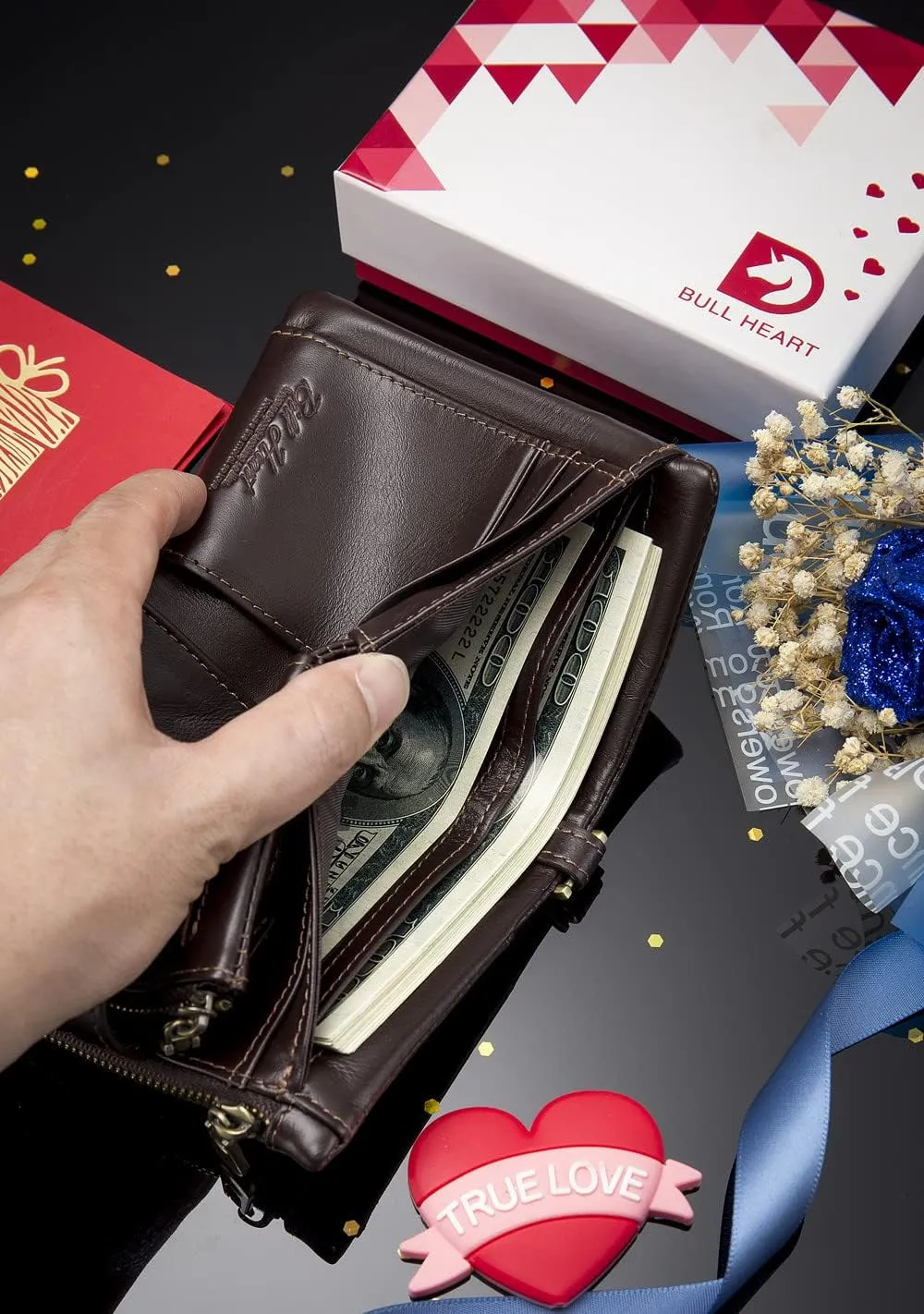 bill heart Mens Wallet with Chain Genuine Leather Purse RFID Blocking Bifold Double Zipper Coin Pocket with Anti-Theft Chain??