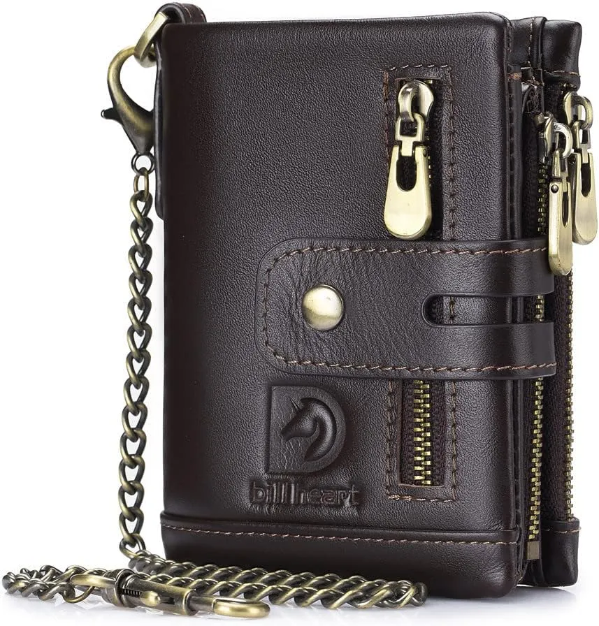 bill heart Mens Wallet with Chain Genuine Leather Purse RFID Blocking Bifold Double Zipper Coin Pocket with Anti-Theft Chain??