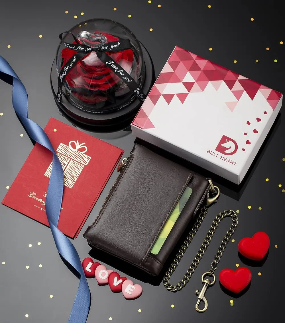 bill heart Mens Wallet with Chain Genuine Leather Purse RFID Blocking Bifold Double Zipper Coin Pocket with Anti-Theft Chain??