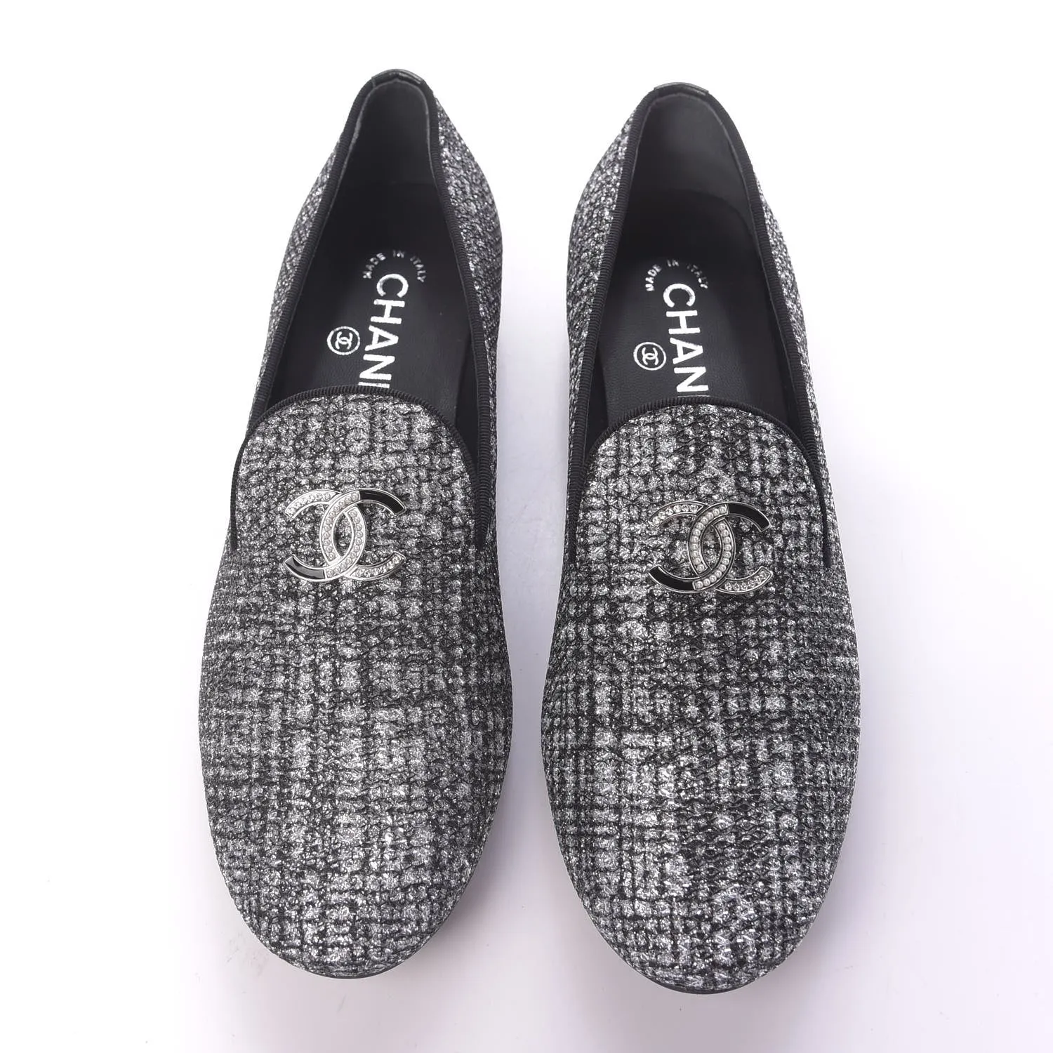 CHANEL FANTASY TWEED GROSGRAIN CC MOCCASIN LOAFERS