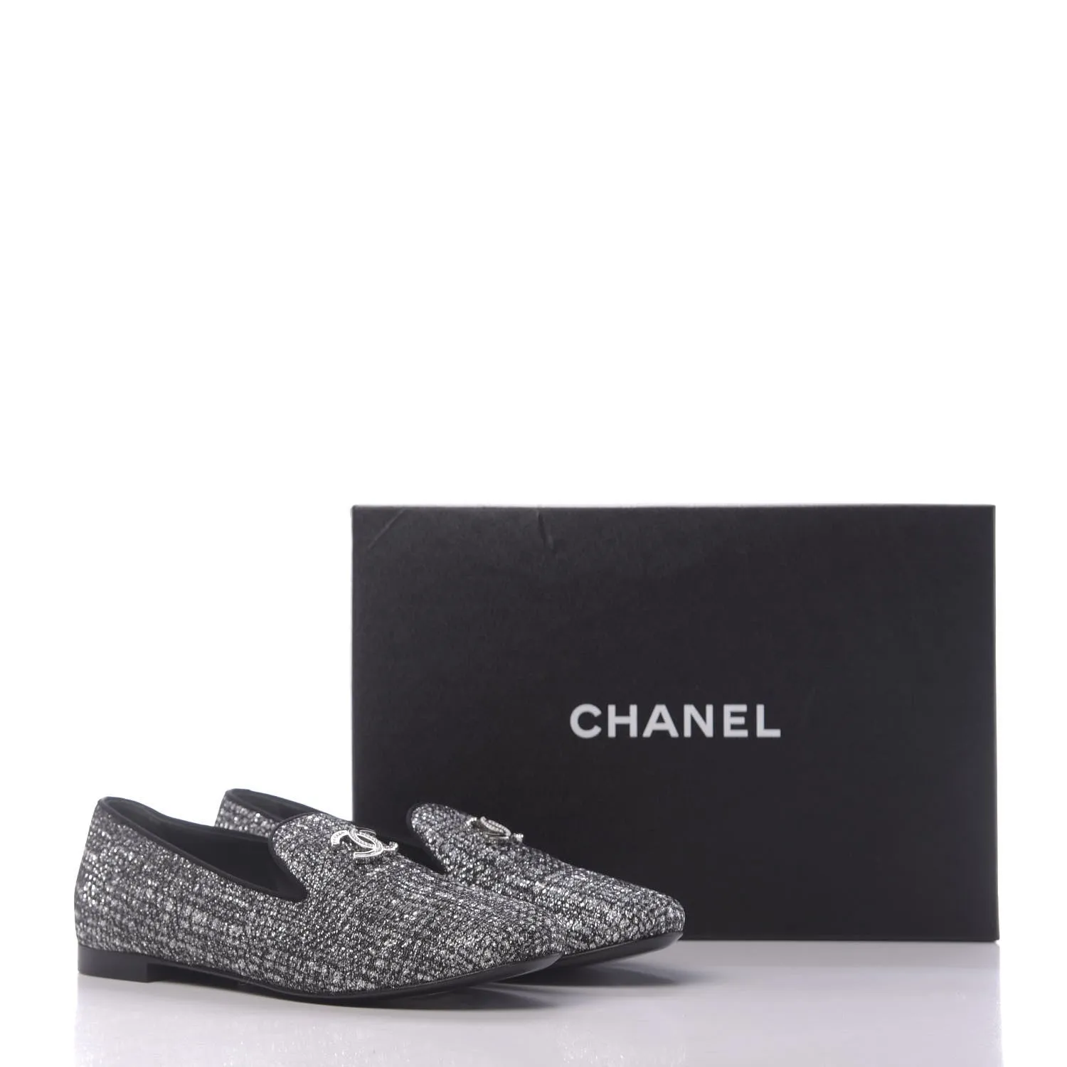 CHANEL FANTASY TWEED GROSGRAIN CC MOCCASIN LOAFERS