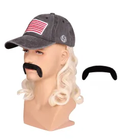 FantaLook Medium Blonde Wavy 80s Mullet Hat Wig with Mustache for 4th of July Party and Halloween