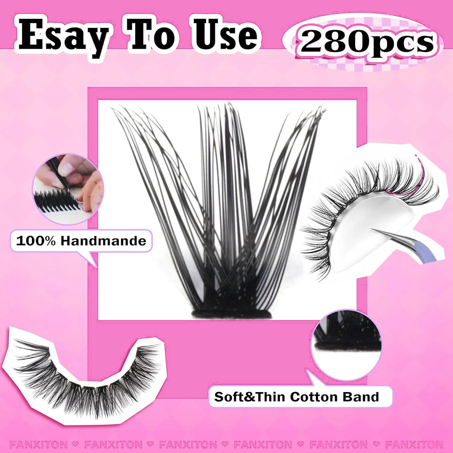 FANXITON DIY Lash Extension Kit Volume Lash Clusters 40D 50D D Curvature Individual Lashes Lash Clusters Kit Thick Eyelash Extension Kit 280 pcs Thin Band Cluster Lashes Lash Bond and Seal Tweezers