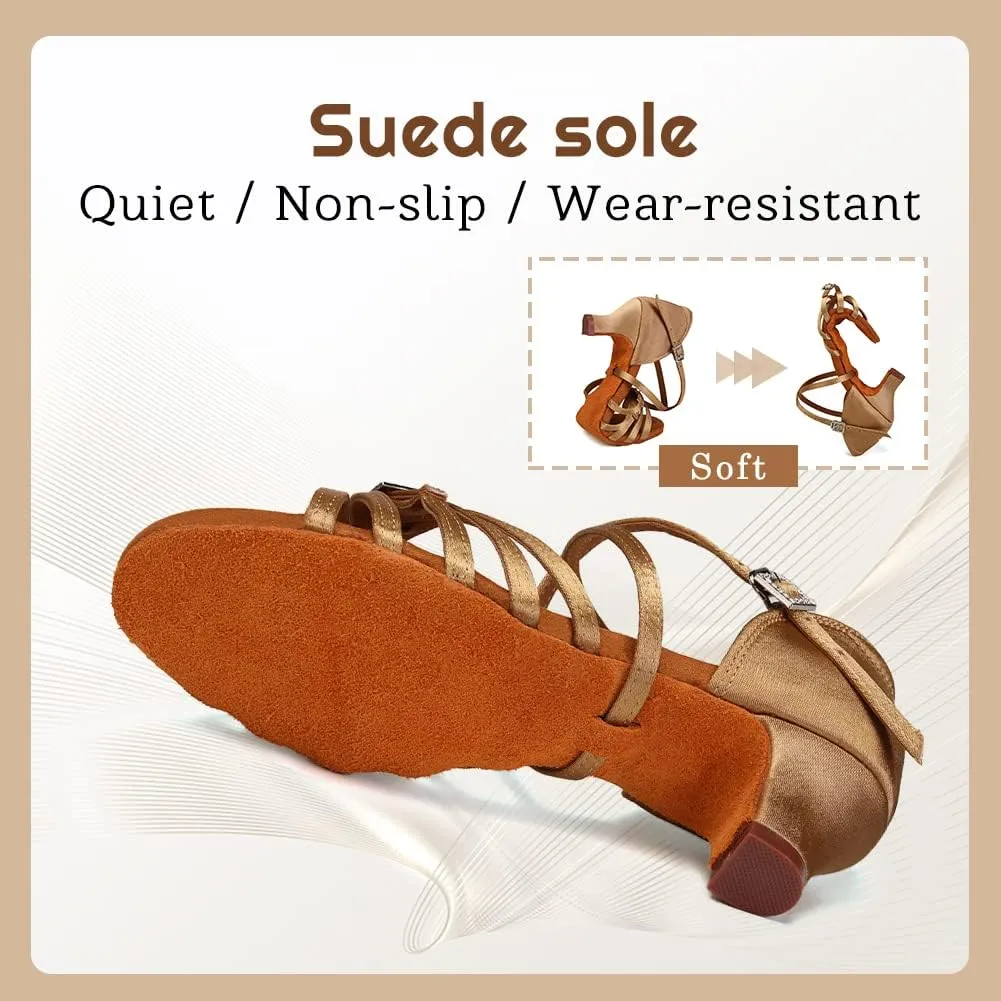 Gilrs Latin Dance Shoes Tan Low Heel Tango Salsa Ballroom Dance Practice Shoes