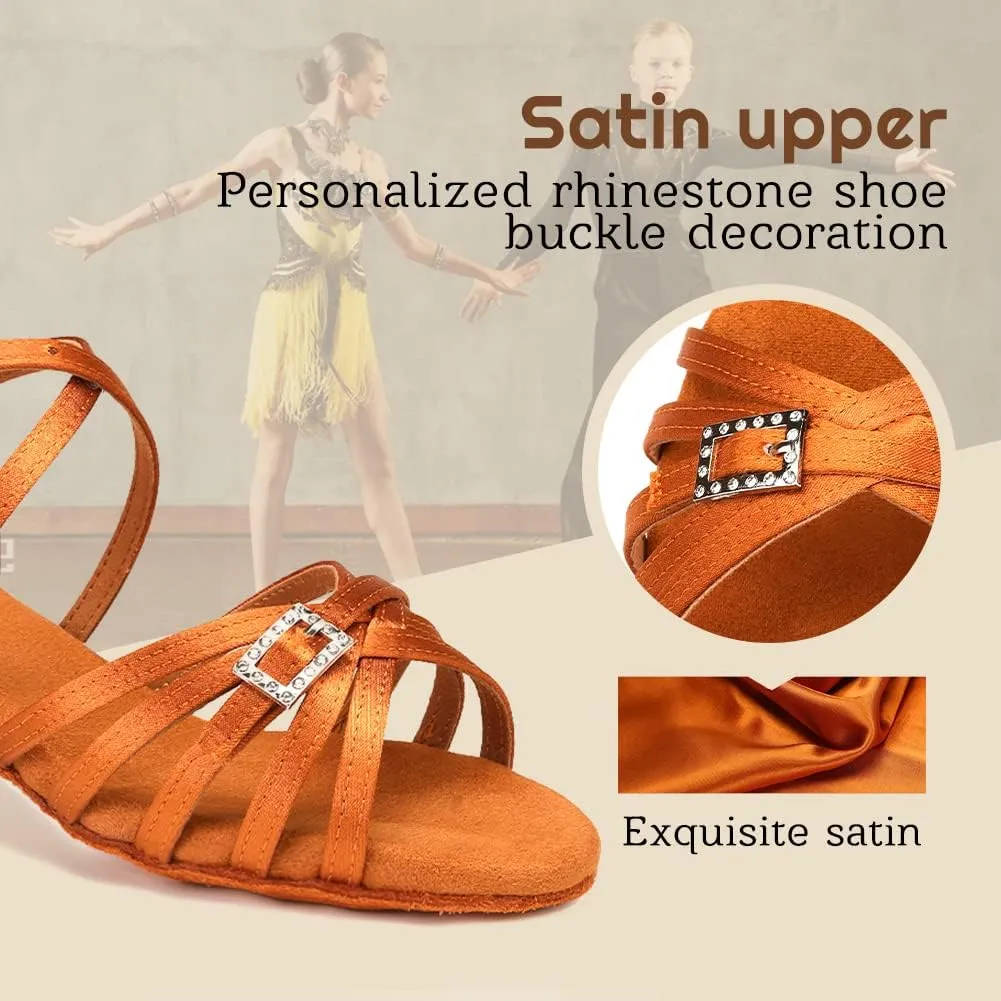 Gilrs Latin Dance Shoes Tan Low Heel Tango Salsa Ballroom Dance Practice Shoes