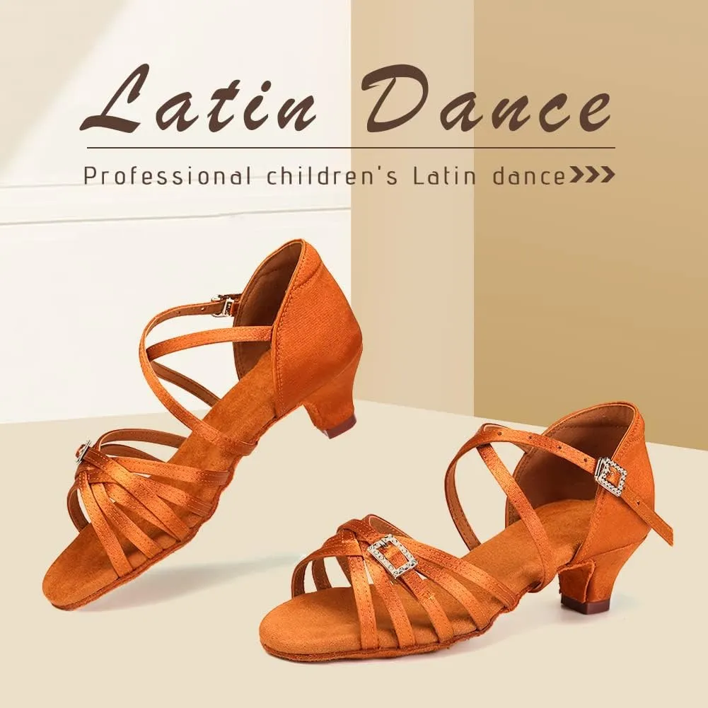 Gilrs Latin Dance Shoes Tan Low Heel Tango Salsa Ballroom Dance Practice Shoes