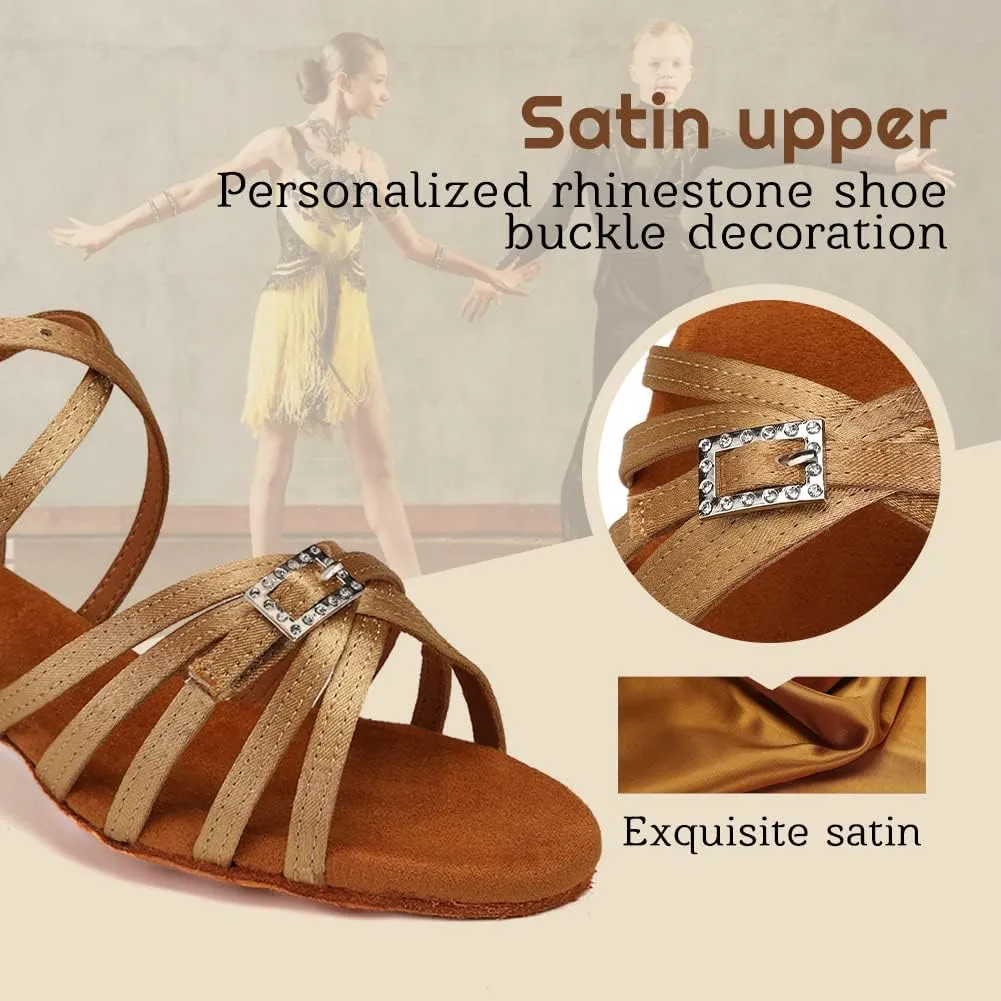 Gilrs Latin Dance Shoes Tan Low Heel Tango Salsa Ballroom Dance Practice Shoes