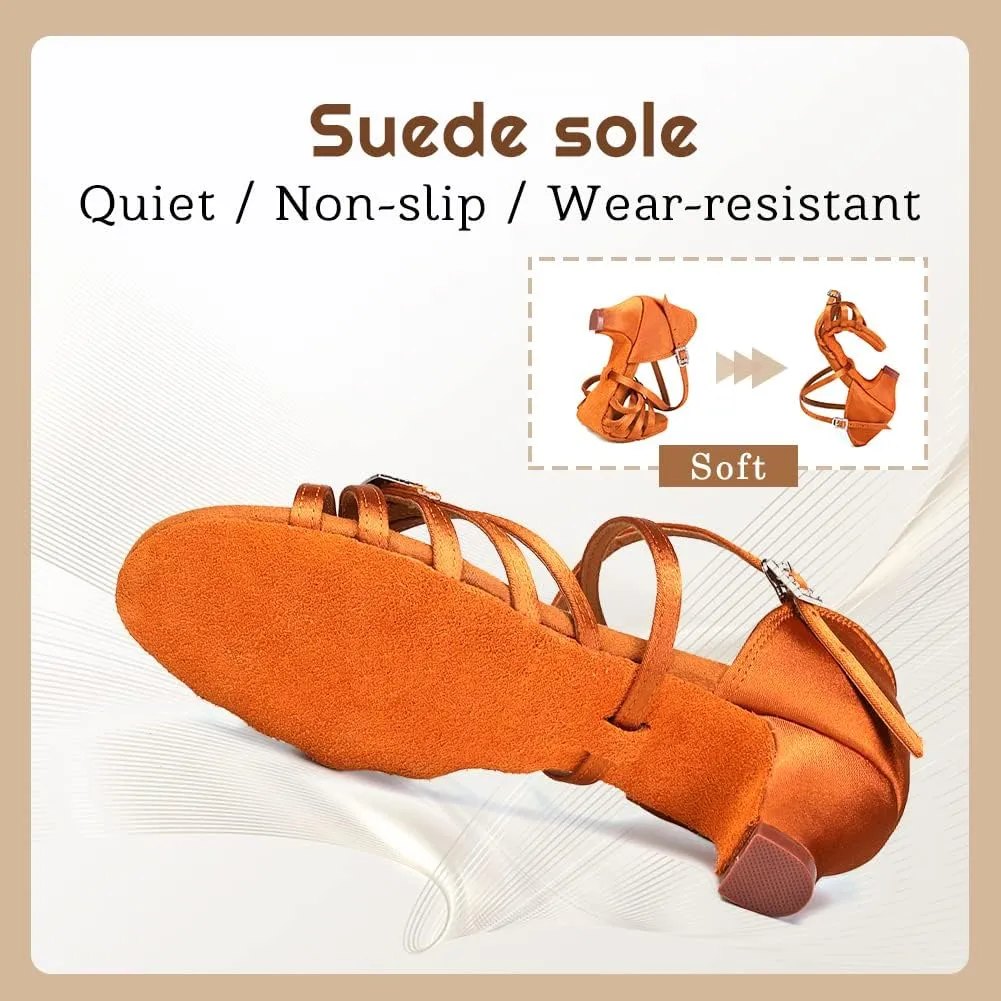 Gilrs Latin Dance Shoes Tan Low Heel Tango Salsa Ballroom Dance Practice Shoes