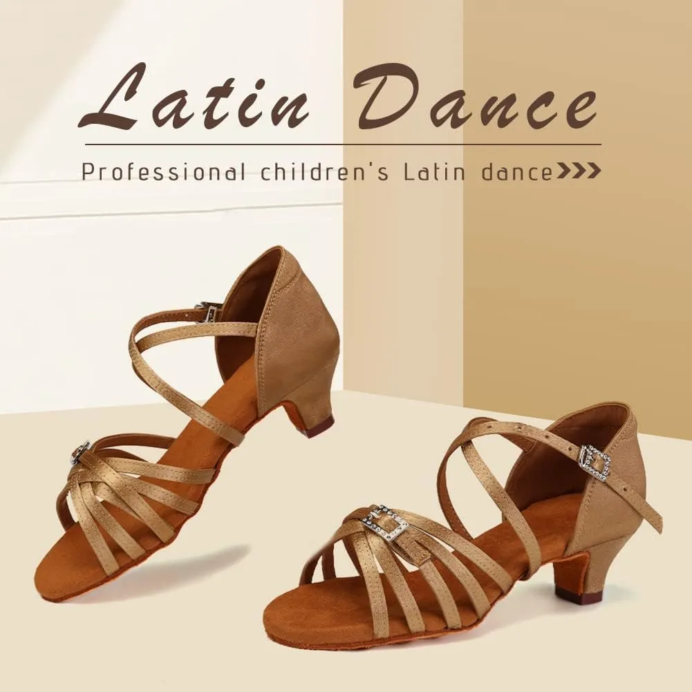 Gilrs Latin Dance Shoes Tan Low Heel Tango Salsa Ballroom Dance Practice Shoes