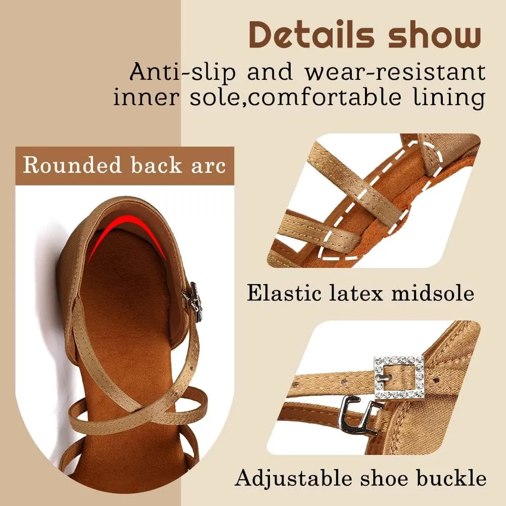 Gilrs Latin Dance Shoes Tan Low Heel Tango Salsa Ballroom Dance Practice Shoes