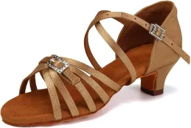Gilrs Latin Dance Shoes Tan Low Heel Tango Salsa Ballroom Dance Practice Shoes