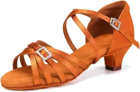 Gilrs Latin Dance Shoes Tan Low Heel Tango Salsa Ballroom Dance Practice Shoes