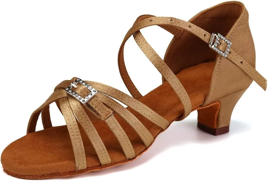 Gilrs Latin Dance Shoes Tan Low Heel Tango Salsa Ballroom Dance Practice Shoes