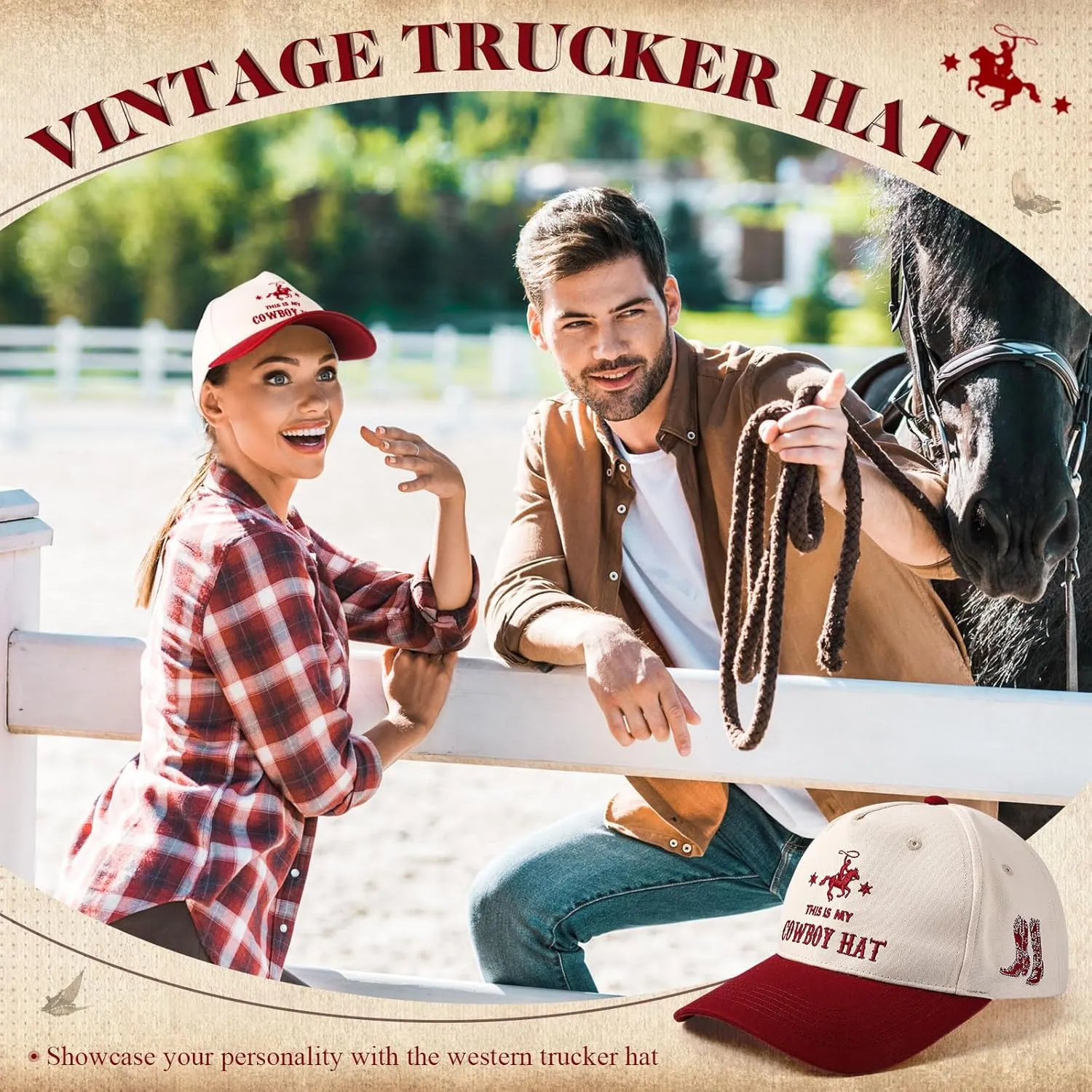JaGely Western Trucker Hat Vintage Trucker Hat Retro Embroidered Cowboy Cap Adjustable Country Cap for Women Men Gifts
