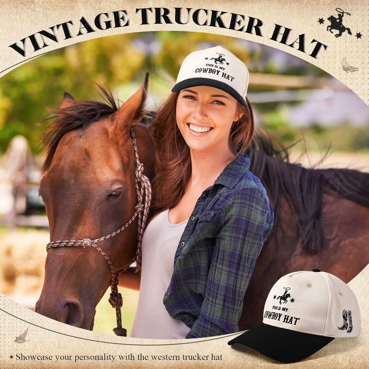 JaGely Western Trucker Hat Vintage Trucker Hat Retro Embroidered Cowboy Cap Adjustable Country Cap for Women Men Gifts
