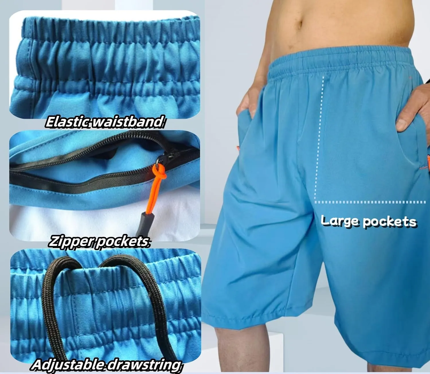Men's Athletic Running Workout Shorts 11 inches Swim Trunks with Ziper Pockets Quick Dry Lightweight