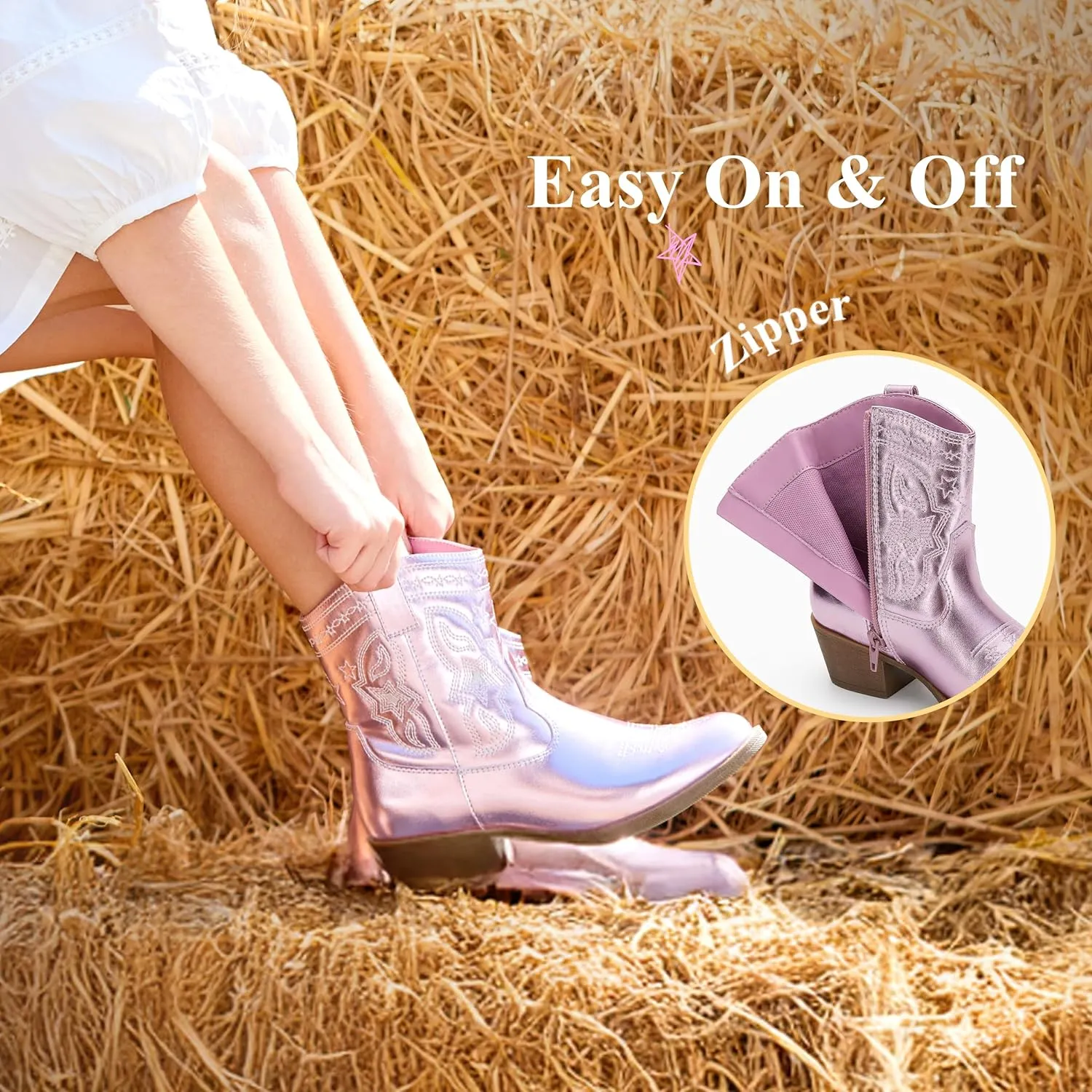 PATPAT Kids Cowboy Boots for Girls and Boys ?C Western Mid Calf Cowgirl Boots with Embroidered and Zipper Design, Riding Shoes for Little Kid/Big Kid