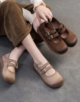 Spring Double Buckles Comfortable Retro Flat Shoes