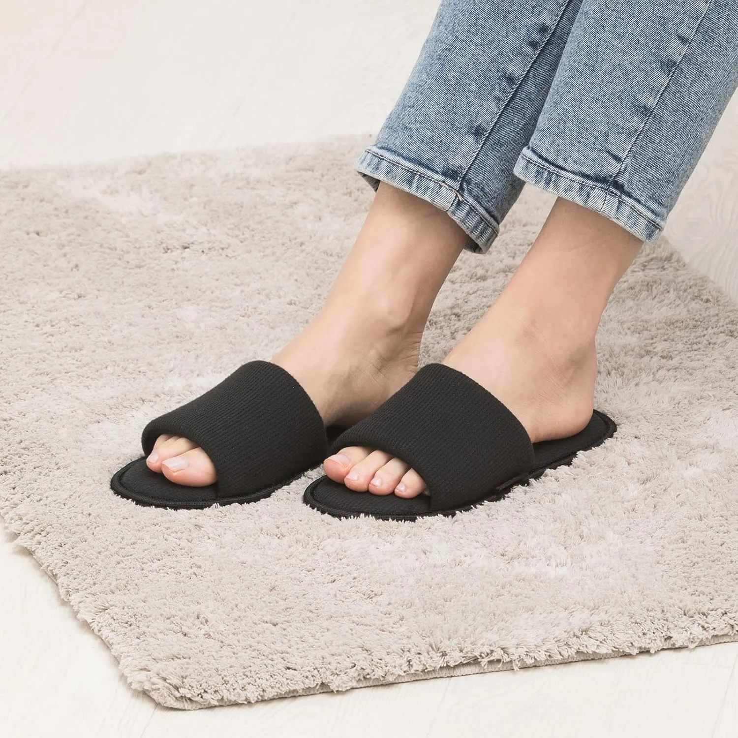 Women's Open Toe House Slippers  Breathable Waffle Fabric, Memory Foam Cushioning, Slip-On Summer Indoor Slippers, Non-Slip TPR Sole, Easy Care